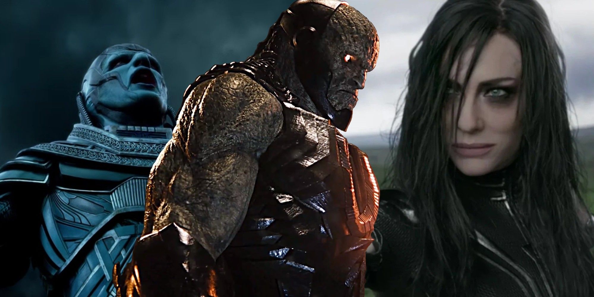 Split image of the live-action movie version of Apocalypse, Darkseid and Hela