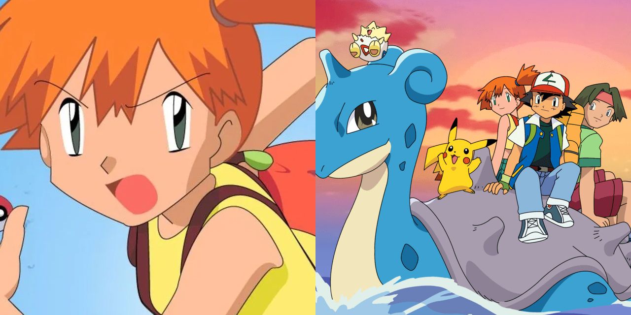 Split featured image of Misty solo and Ash with Misty Tracey Pikachu and Togepi riding a Lapras
