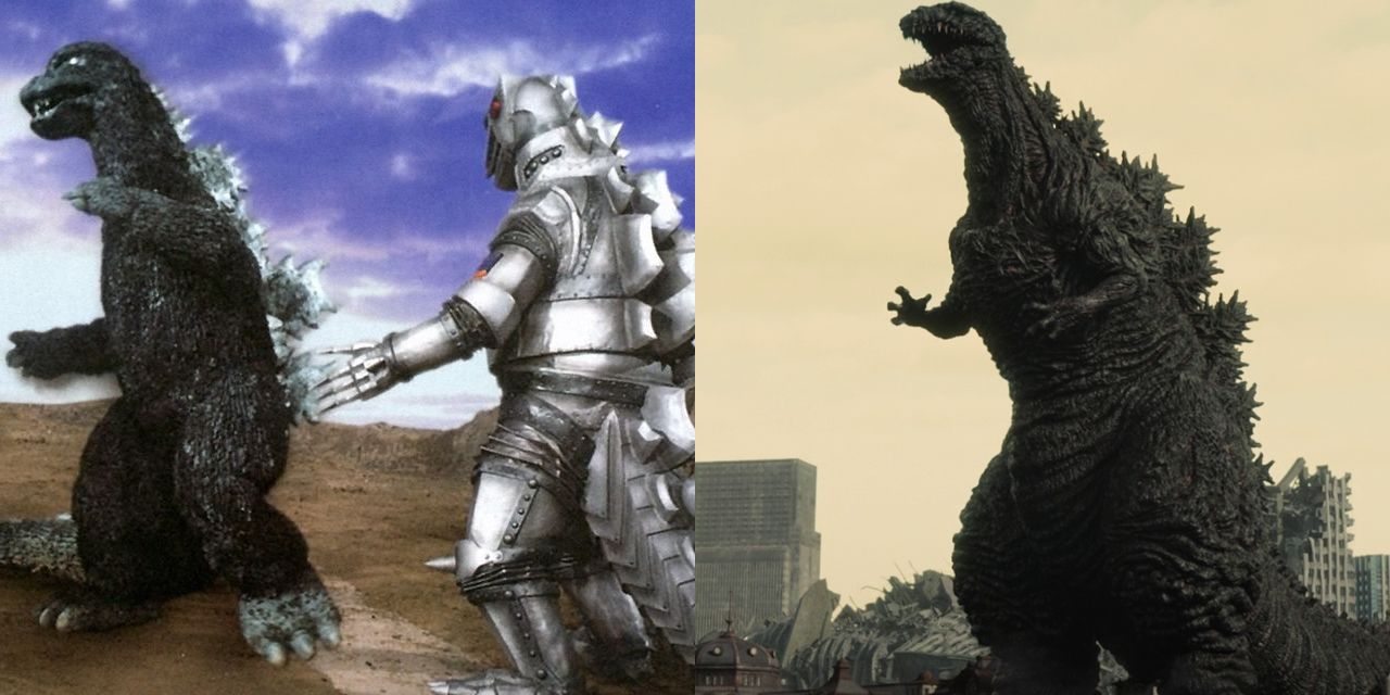 Split image of Godzilla and Mechagodzilla from Terror of Mechagodzilla; Godzilla from Shin Godzilla
