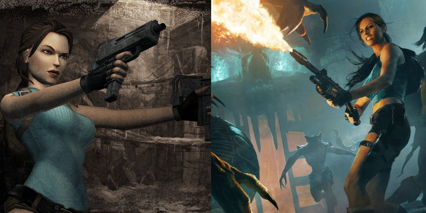 Split image of Lara Croft in Tomb Raider Anniversary and Guardian of Light