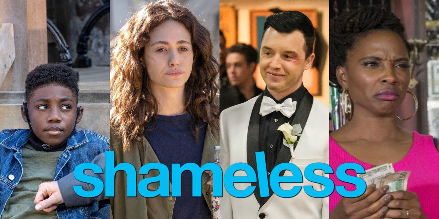Split image of Liam Fiona Mickey and V from Shameless with the shows logo on top
