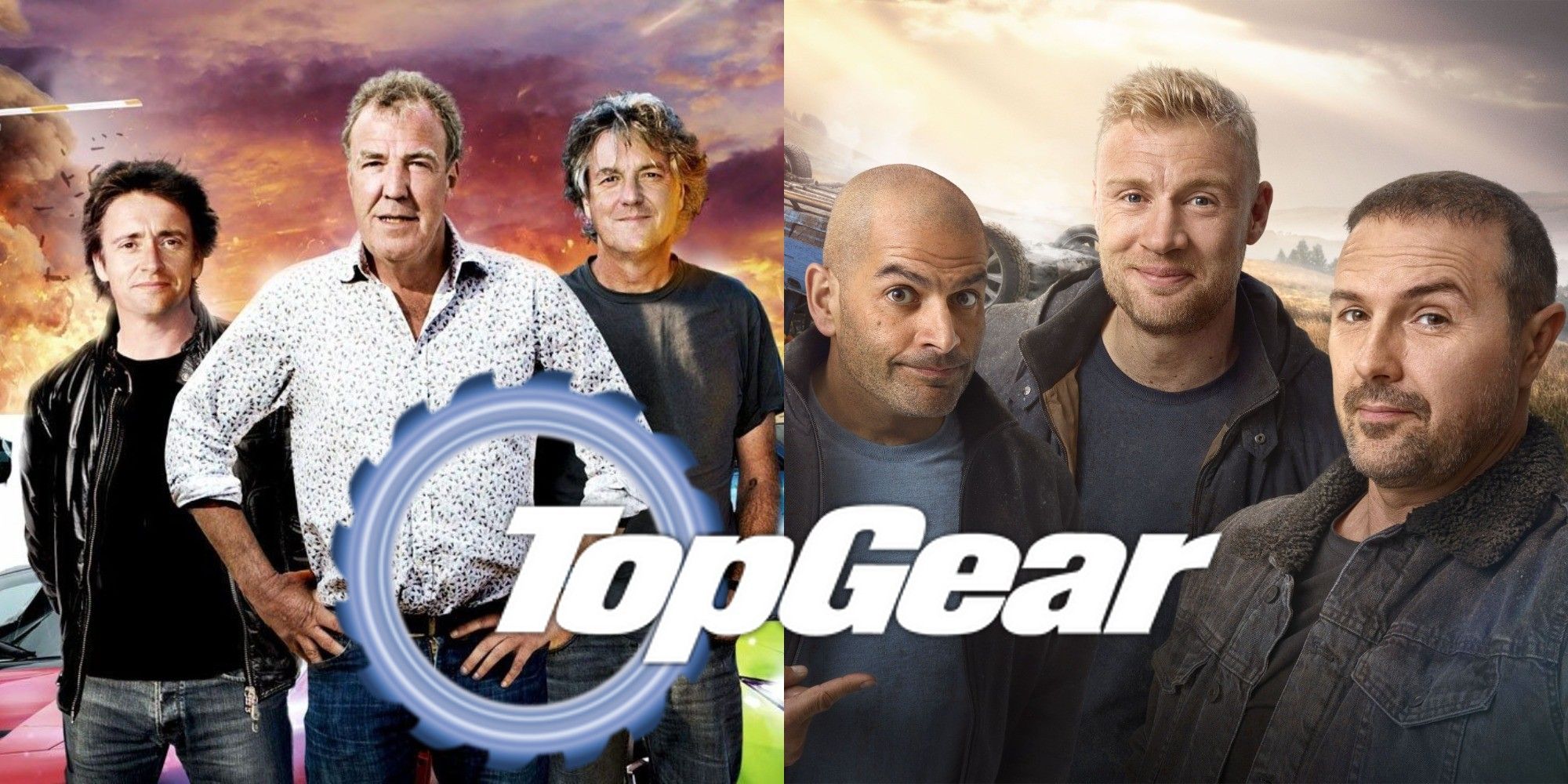 Split image of Richard Hammond, Jeremy Clarkson, James May, Chris Harris, Andrew Flintoff and Paddy McGuinness with the Top Gear logo on top