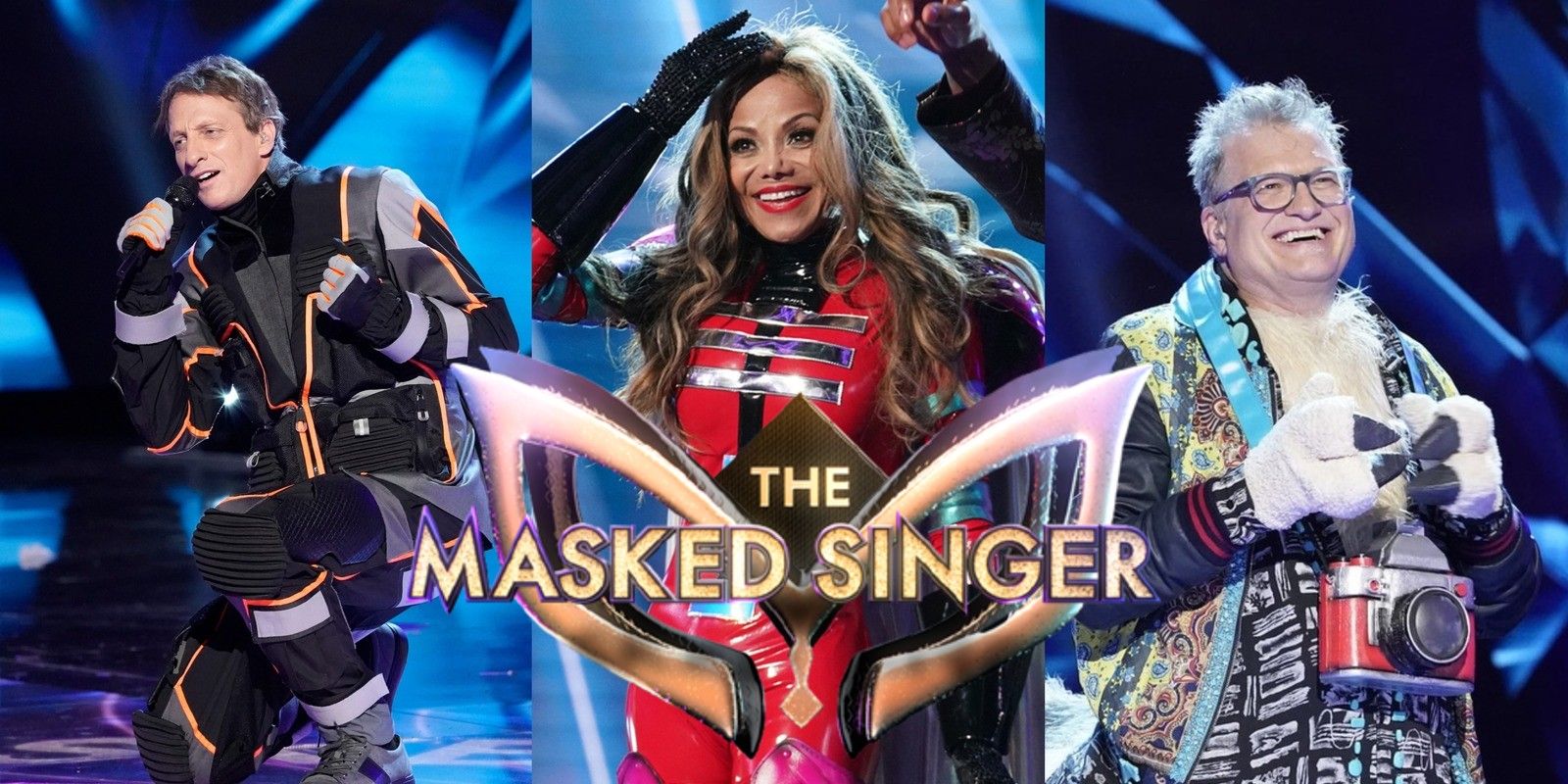 Split image of Tony Hawk, La Toya Jackson and Drew Carey on The Masked Singer with the show&#8217;s logo on top