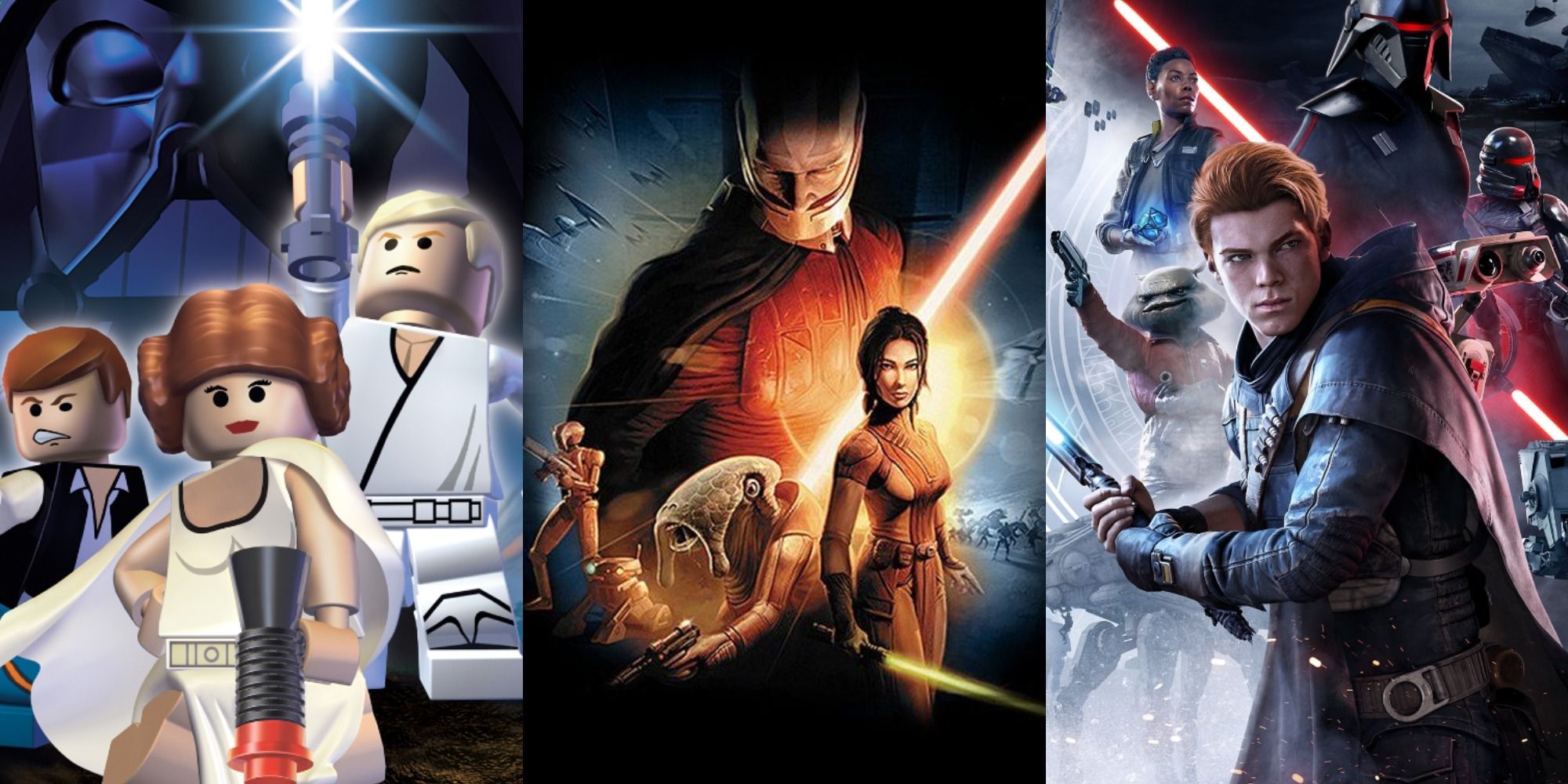 Split image of box art for Lego Star Wars Original Trilogy, Knights of the Old Republic and Jedi Fallen Order
