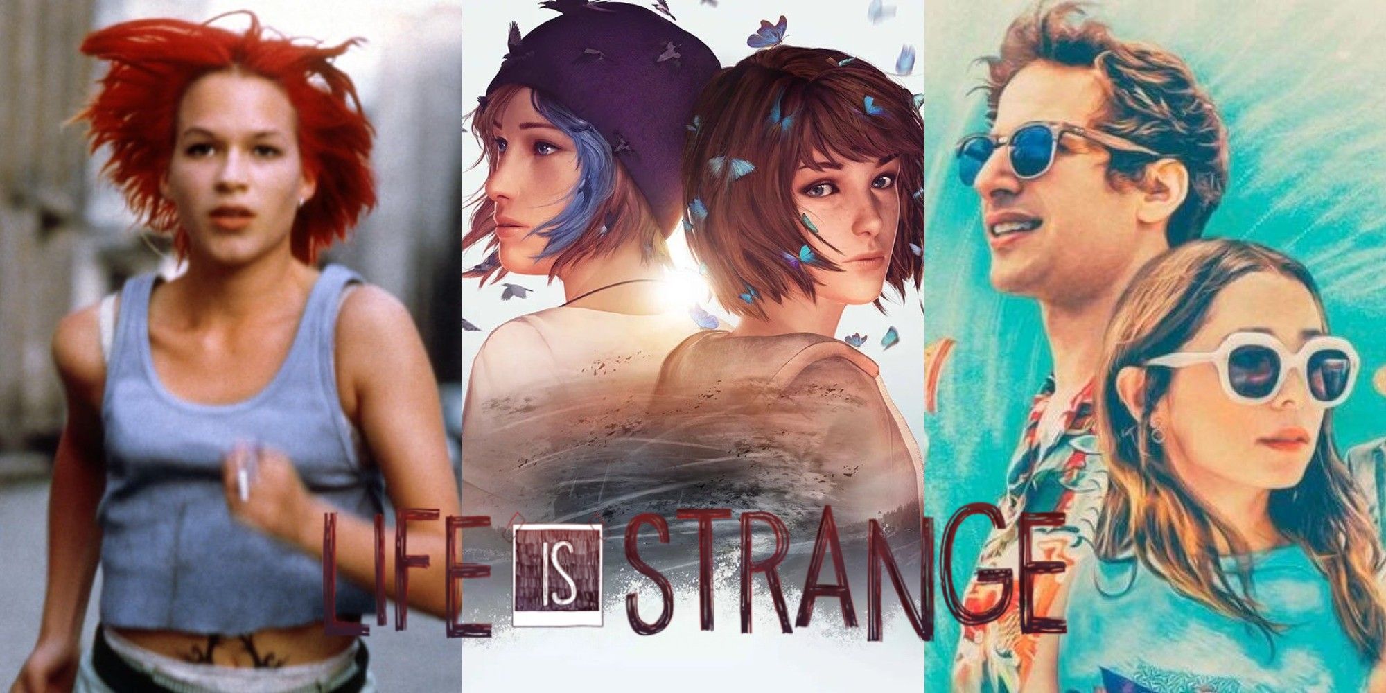 Split image of posters for Run Lola Run, Life is Strange and Palm Springs with the Life is Strange logo on top