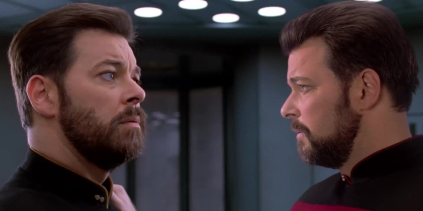 Jonathan Frakes as both Will Riker and his doppleganger Thomas Riker in Star Trek The Next Generation