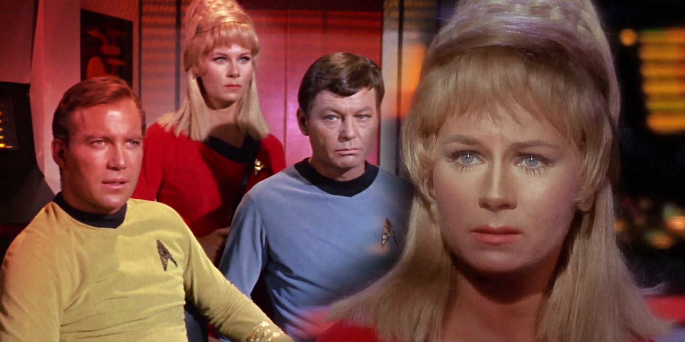 Captain James T. Kirk (William Shatner), Yeoman Janice Rand (Grace Lee Whitney), and Dr. McCoy 