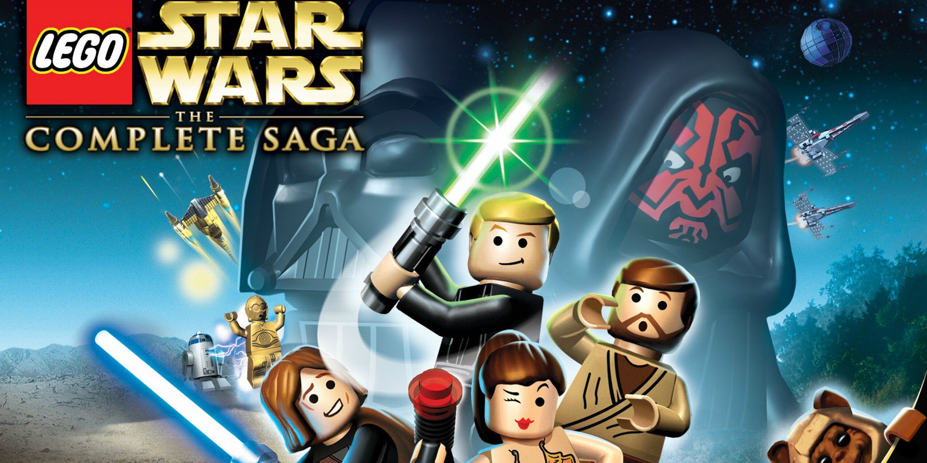 Lego Star Wars the Complete Saga poster. Darth Maul and Darth Vader, Obi-Wan, Anakin, Luke and Leia all included