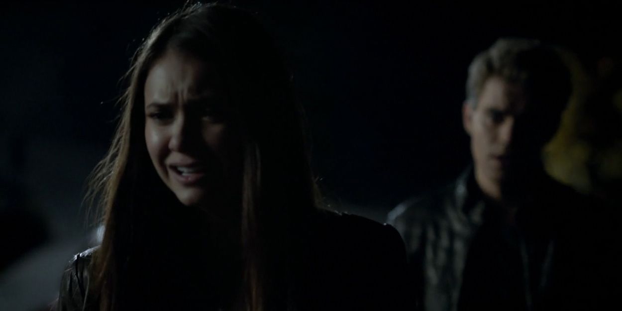 Elena cries after Stefan tries to drive her off Wickery Bridge.