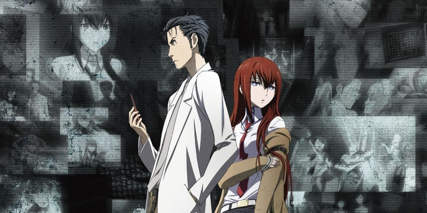 Steins;Gate key art featuring Okabe and Kurisu against a black and white collage of different moments throughout the anime.