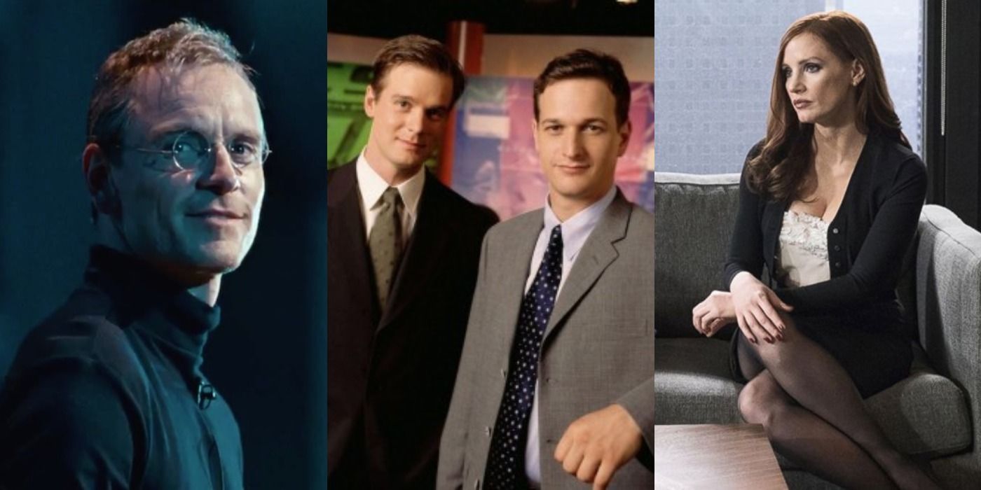 Michael Fassbender as Steve Jobs, Peter Krause as Casey, Josh Charles as Dan, and Jessica Chastain as Molly