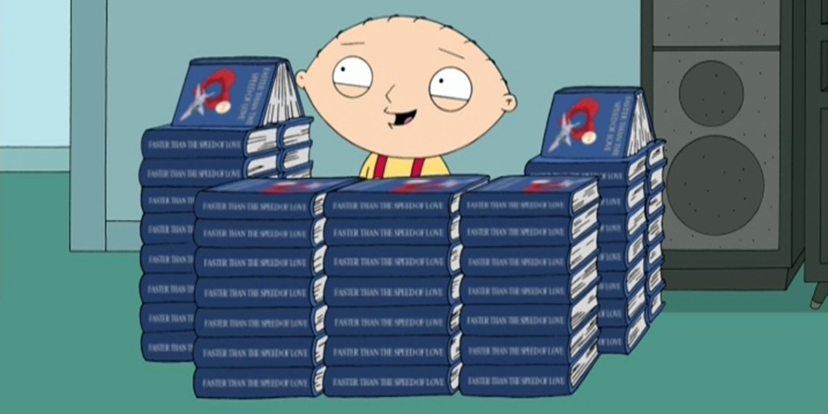 Stewie makes a fort with the unsold copies of Brian's book in Family Guy