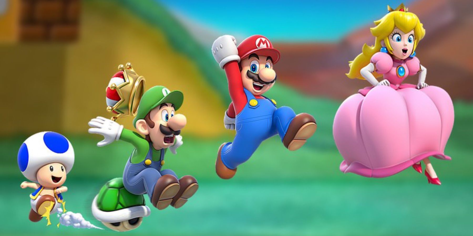 Toad, Luigi, Mario, and Peach jumping Super Mario 3D World 