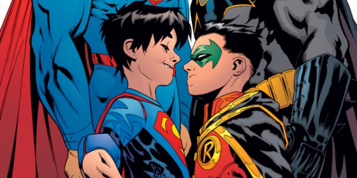 The Super Sons face each other with their dads beside them.