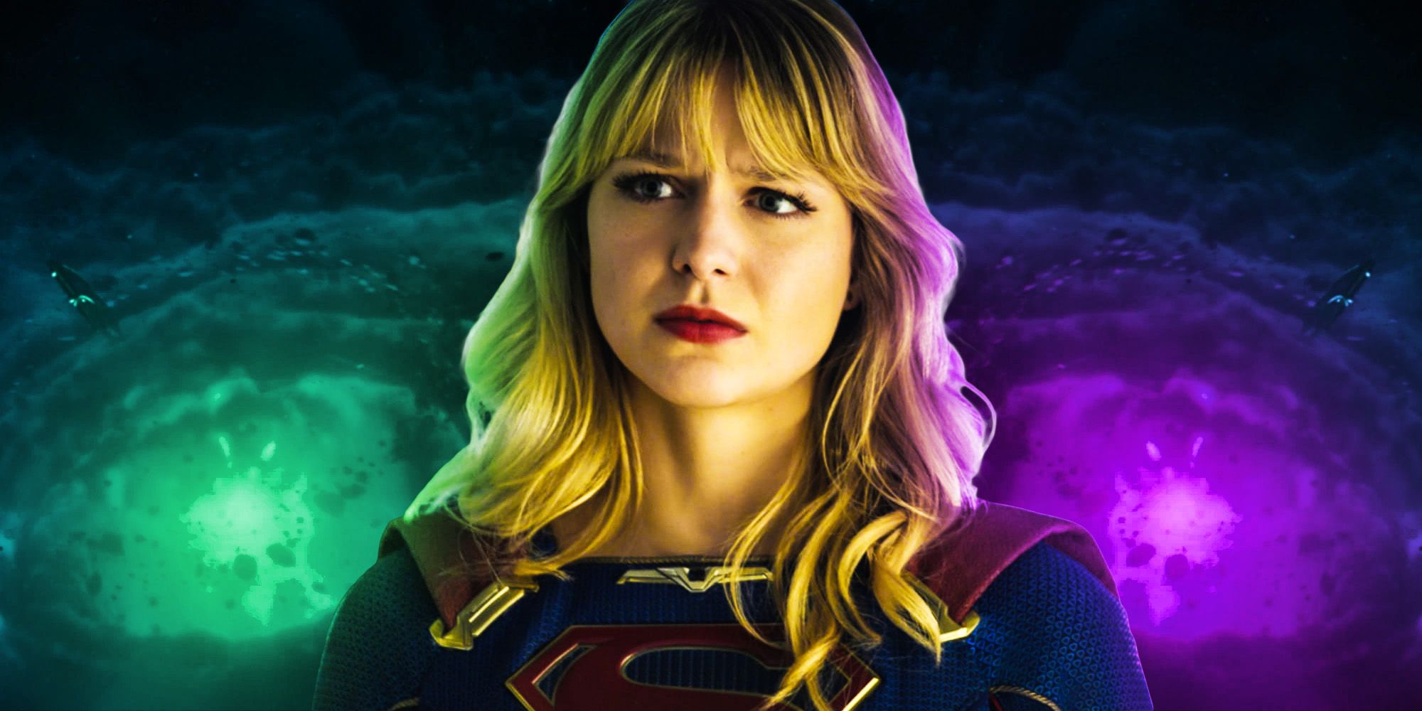 Supergirl in front of green and purple lights. 