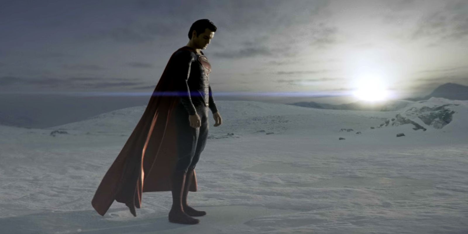 Superman preparing to fly in a snowy setting in Man of Steel