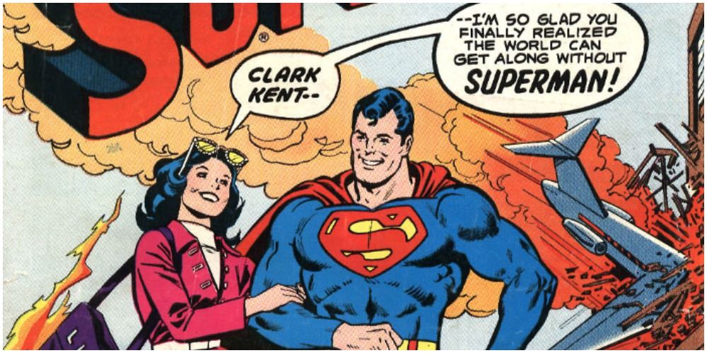Superman and Lois Lane walking peacefully while a plane crashes in a building