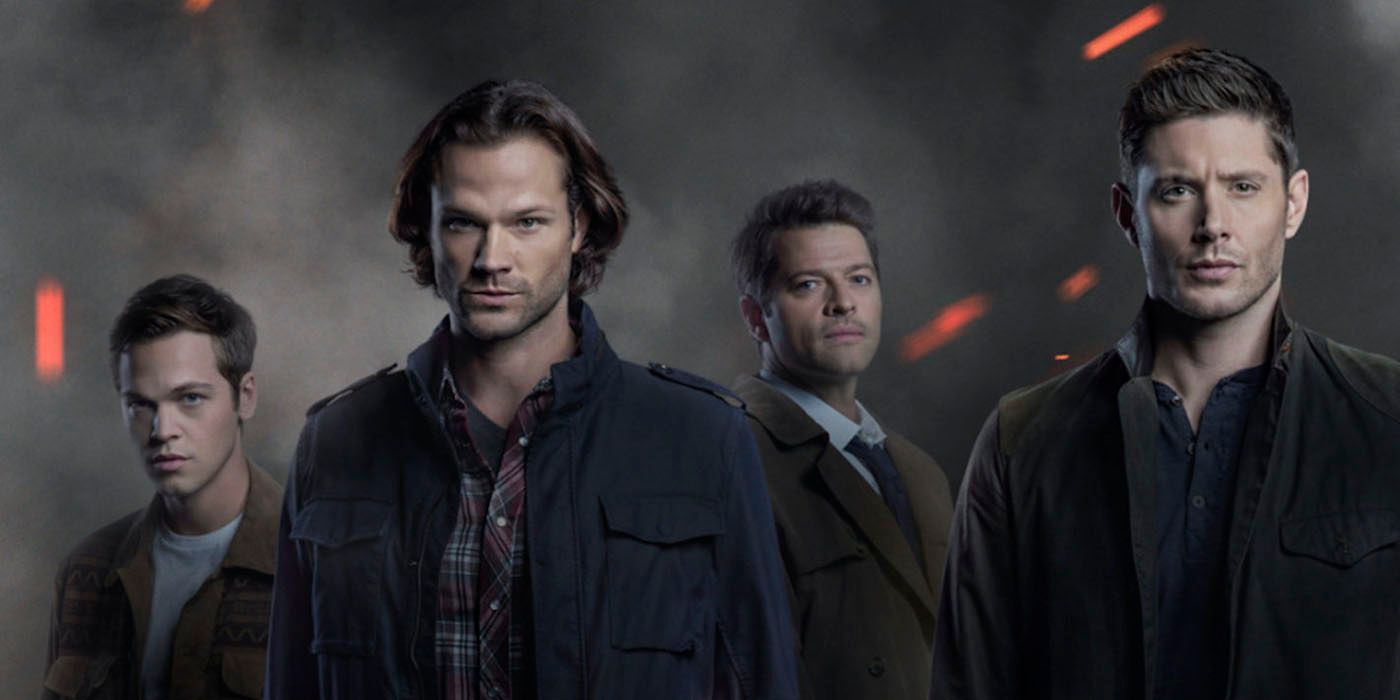 Sam, Dean, Castiel and Jack looking on in Supernatural.