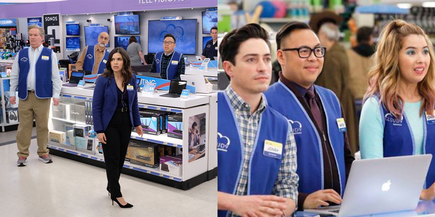 Split image of Superstore employees looking up/staring up from a computer