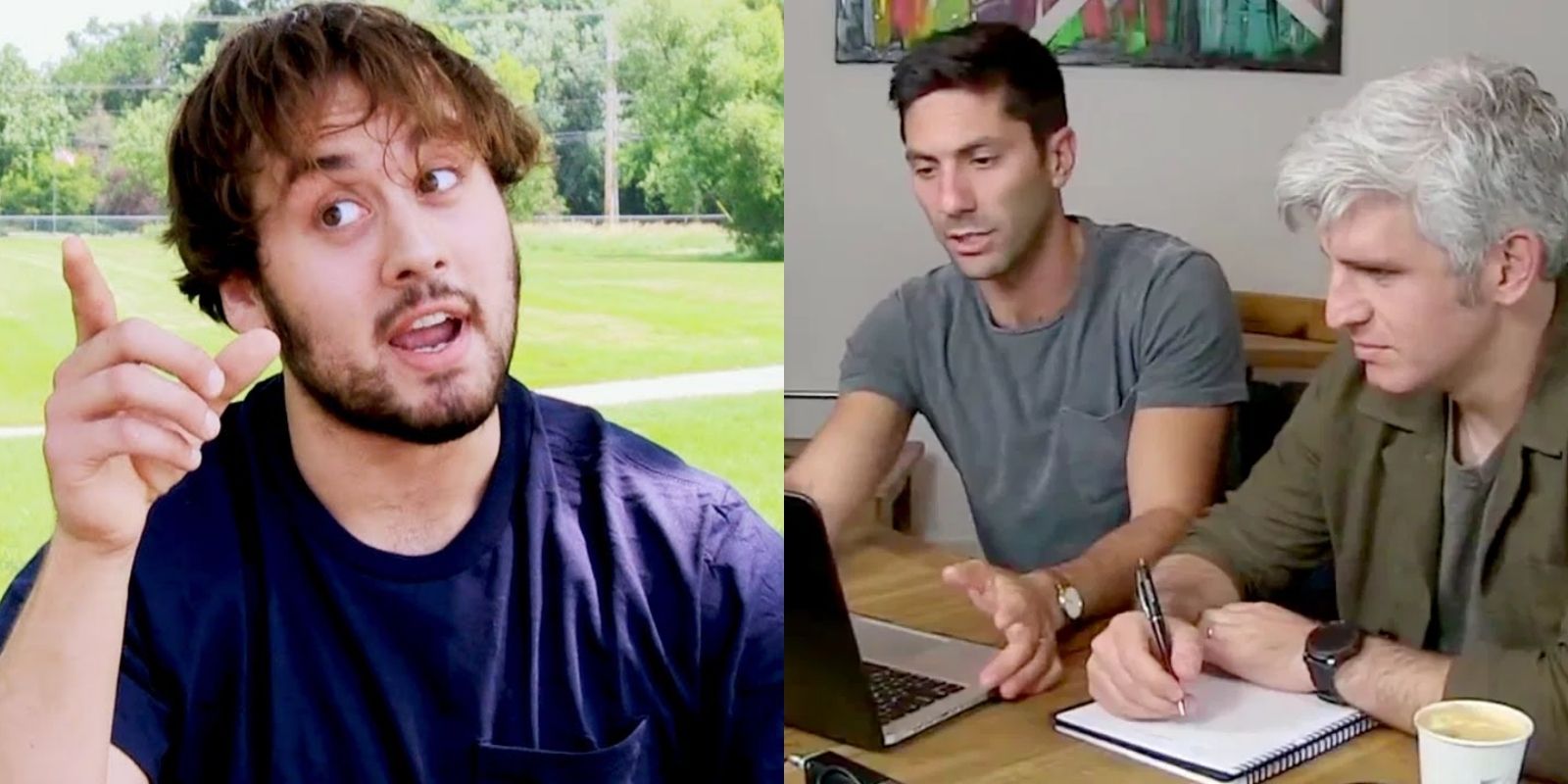 Surprising reveal in episode Artis and Jess (L) and Nev Schulman and Max Joseph mid investigation (R) in MTV Catfish