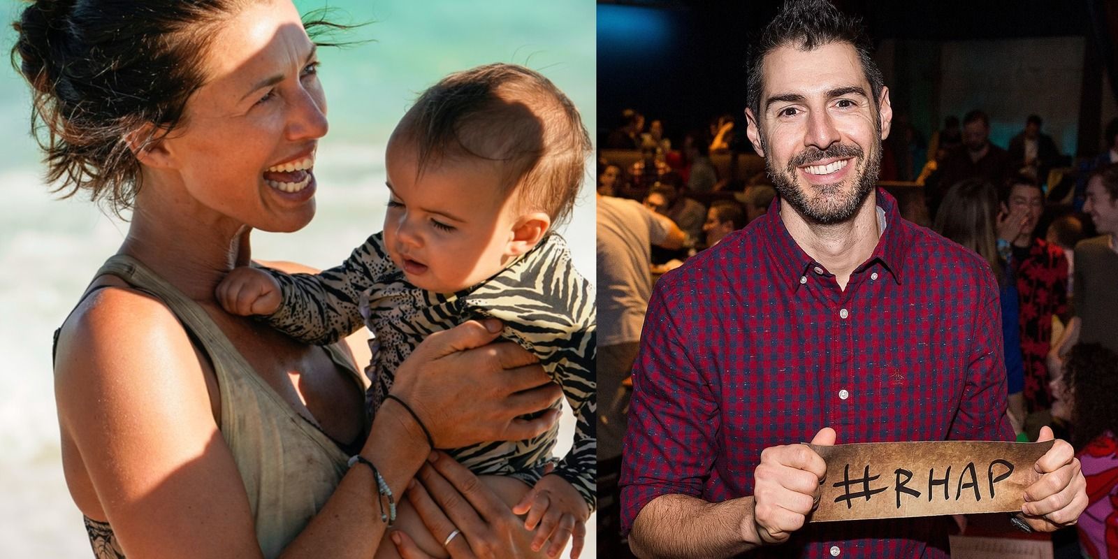 Split image of Parvati with her baby and Rob Cesternino holding a sign