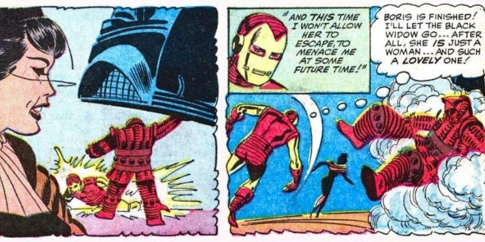 Black Widow escaping after Iron Man defeats Boris Turgenov in Tales of Suspense #52