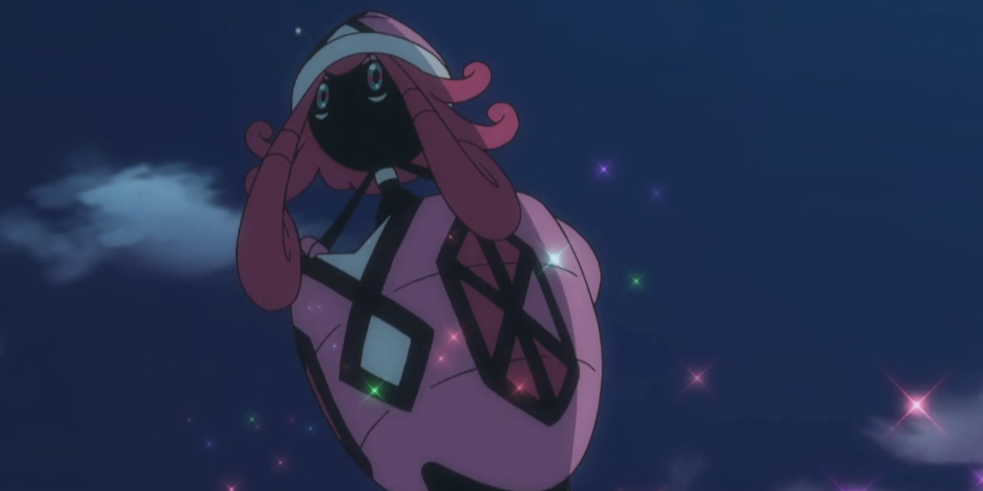Tapu Lele floating at night in the Pokémon anime