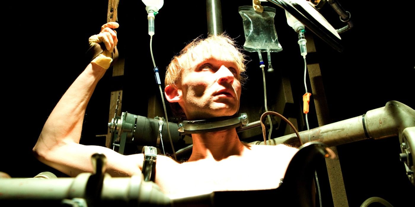 Man strapped to a torture chair in Hungarian 2006 movie Taxidermia
