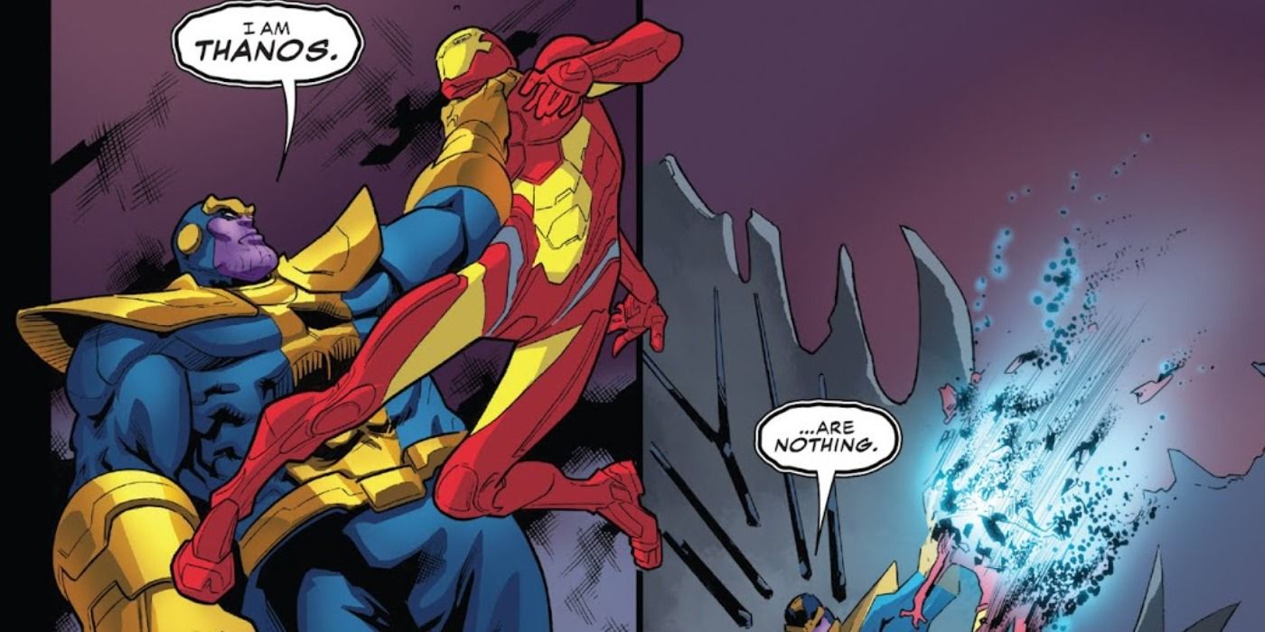 Thanos destroys Ironheart's armor in Marvel Comics.