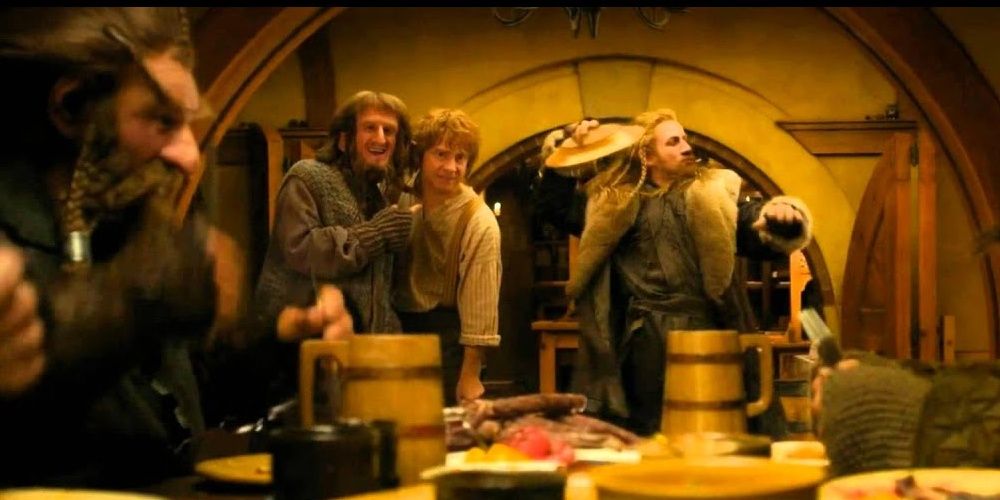 The Dwarves having dinner at Bilbo's in The Hobbit