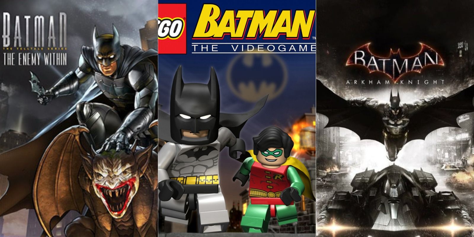 Covers for Batman: The Enemy Within, Lego Batman, and Batman: Arkham Knight