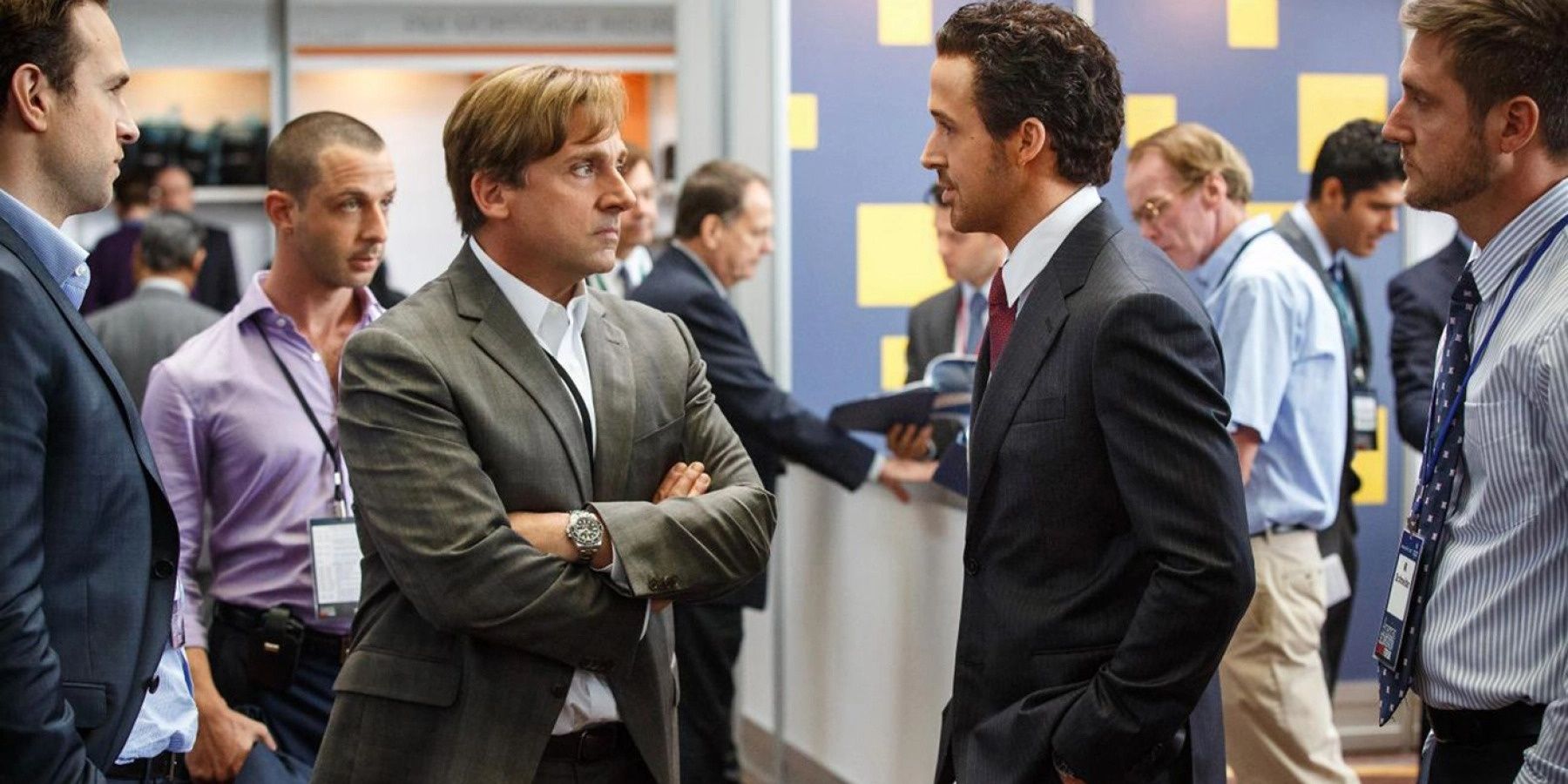 Mark Baum and Jared Vannett squaring off in office in The Big Short
