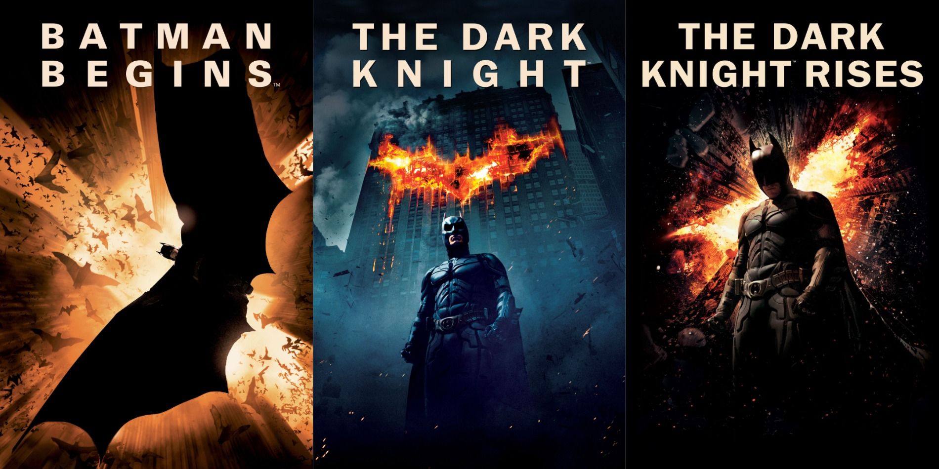 Posters for Batman Begins, The Dark Knight and The Dark Knight Rises