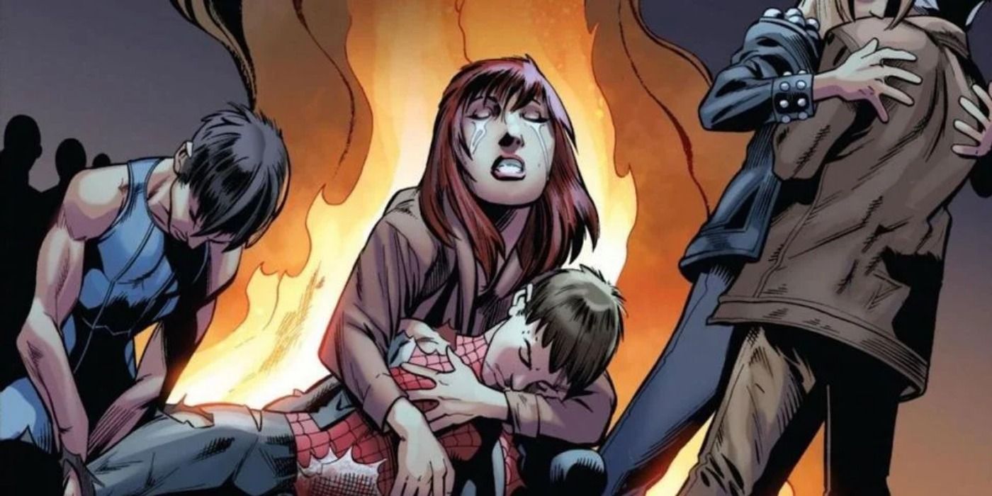 Mary Jane holds a dead Spider-Man in her arms.