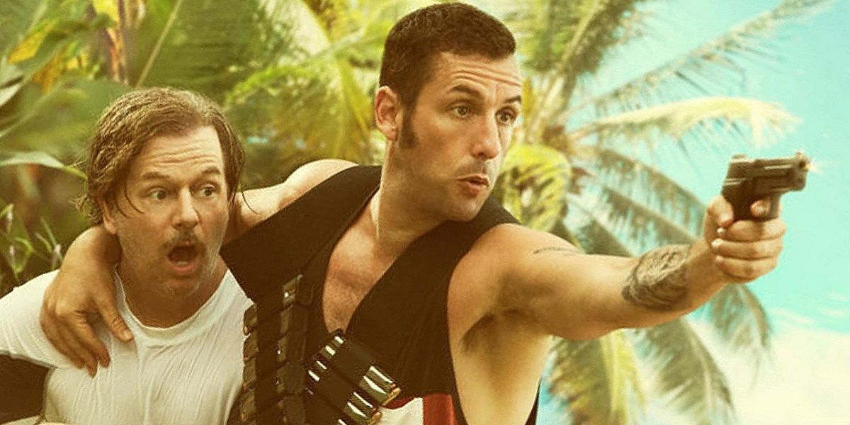 Adam Sandler holding a gun with his arm around David Spade in The Do-Over.