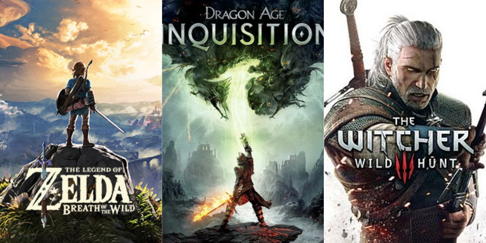 Legend of Zelda Breath of the Wild/Inquisition/The Witcher 3 game covers