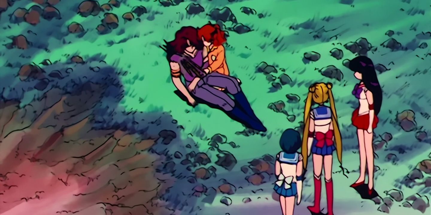 The Guardians watch as Naru holds a dying Nephrite in Sailor Moon episode 24