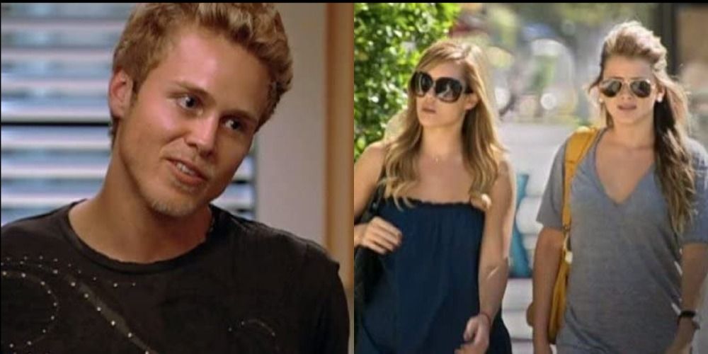 On The Hills, close up of a smirking Spencer; Lauren and Lo in sunglasses walking down an LA street