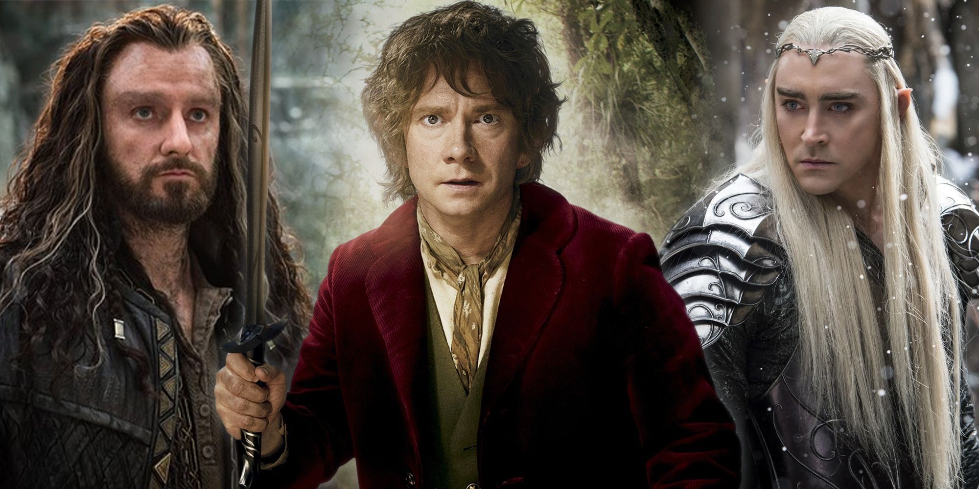 Split image of Thorin, Bilbo, and Thranduil in The Hobbit