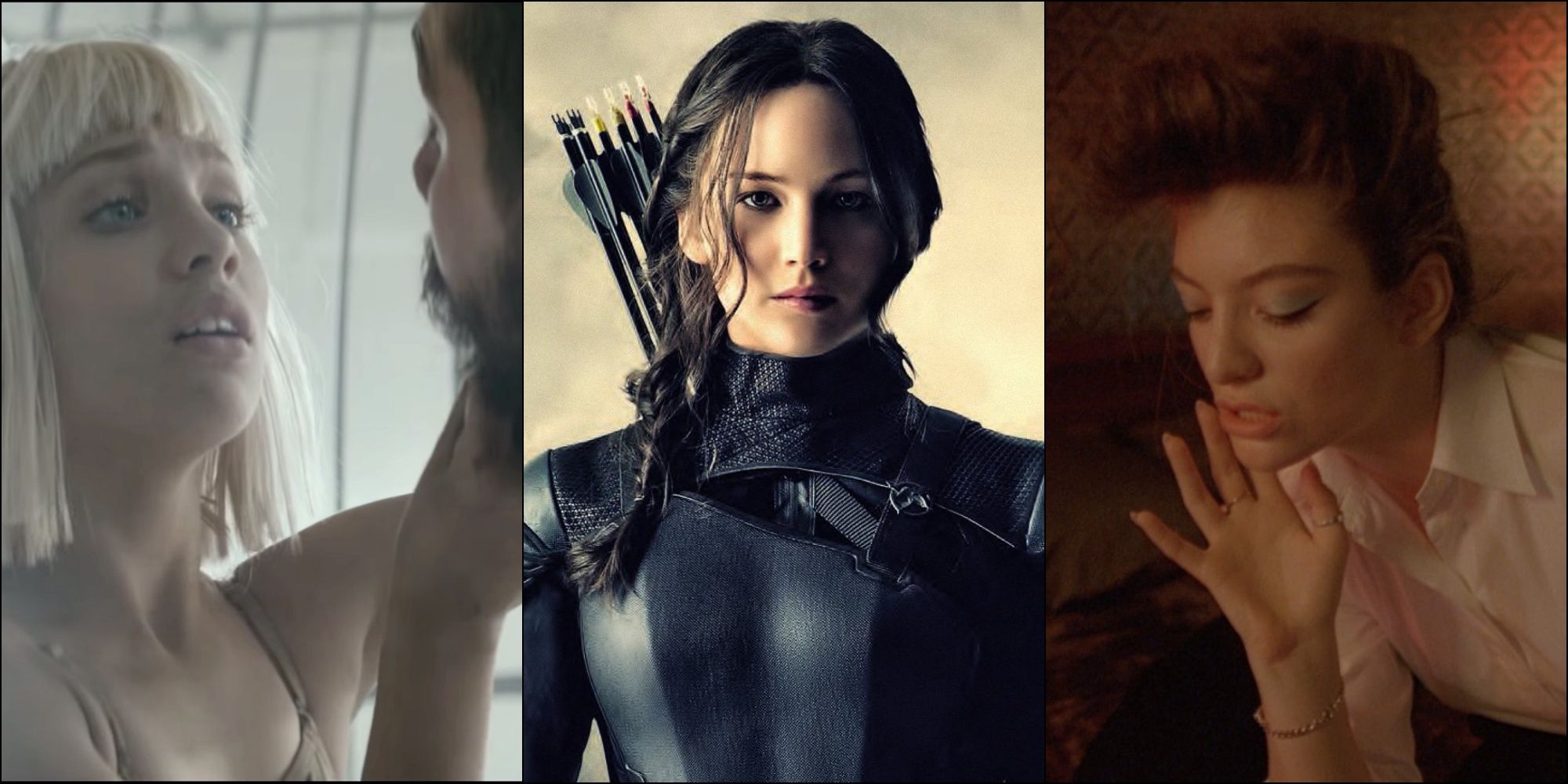 A collage of Sia in the Elastic Heart video, Katniss in armor for a Hunger Games promo shot and Lorde