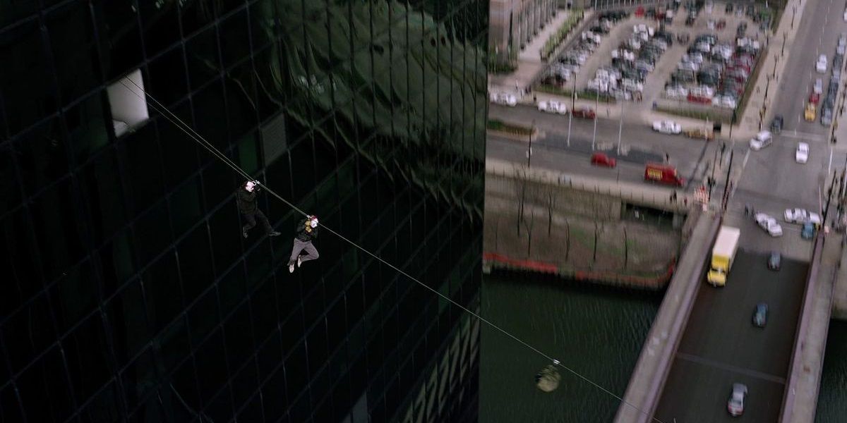 The Joker's goons using a zipline in the opening scene of The Dark Knight
