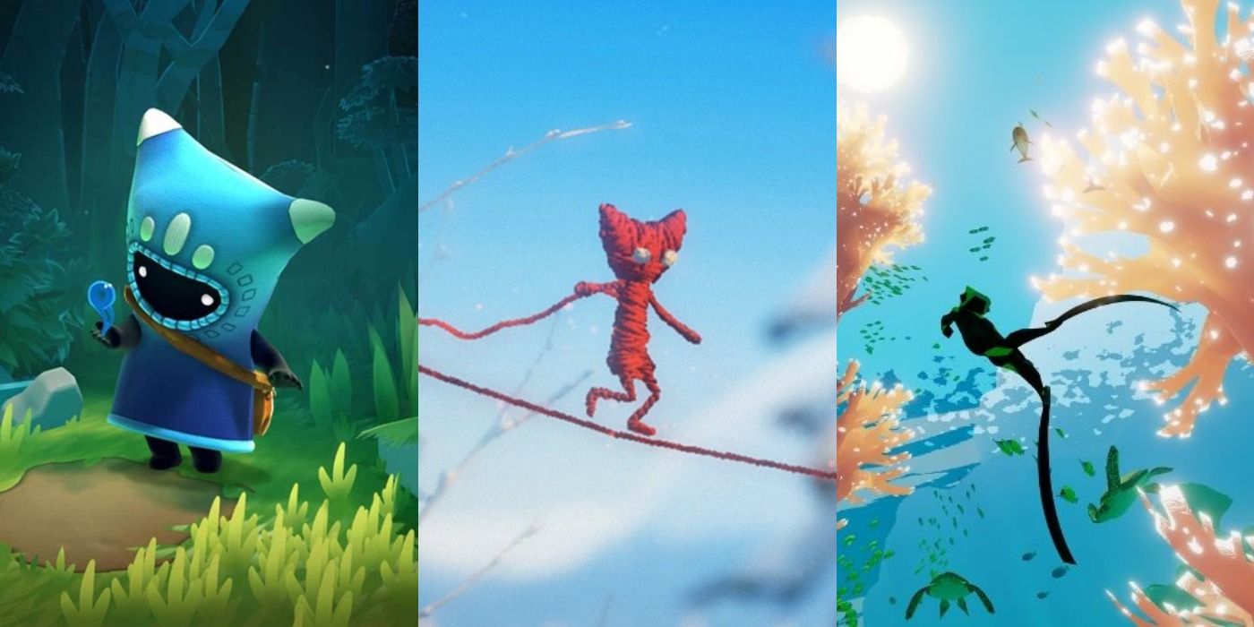 Three images showing Ember from The Last Campfire, Yarny from Unravel, and the diver from Abzu.