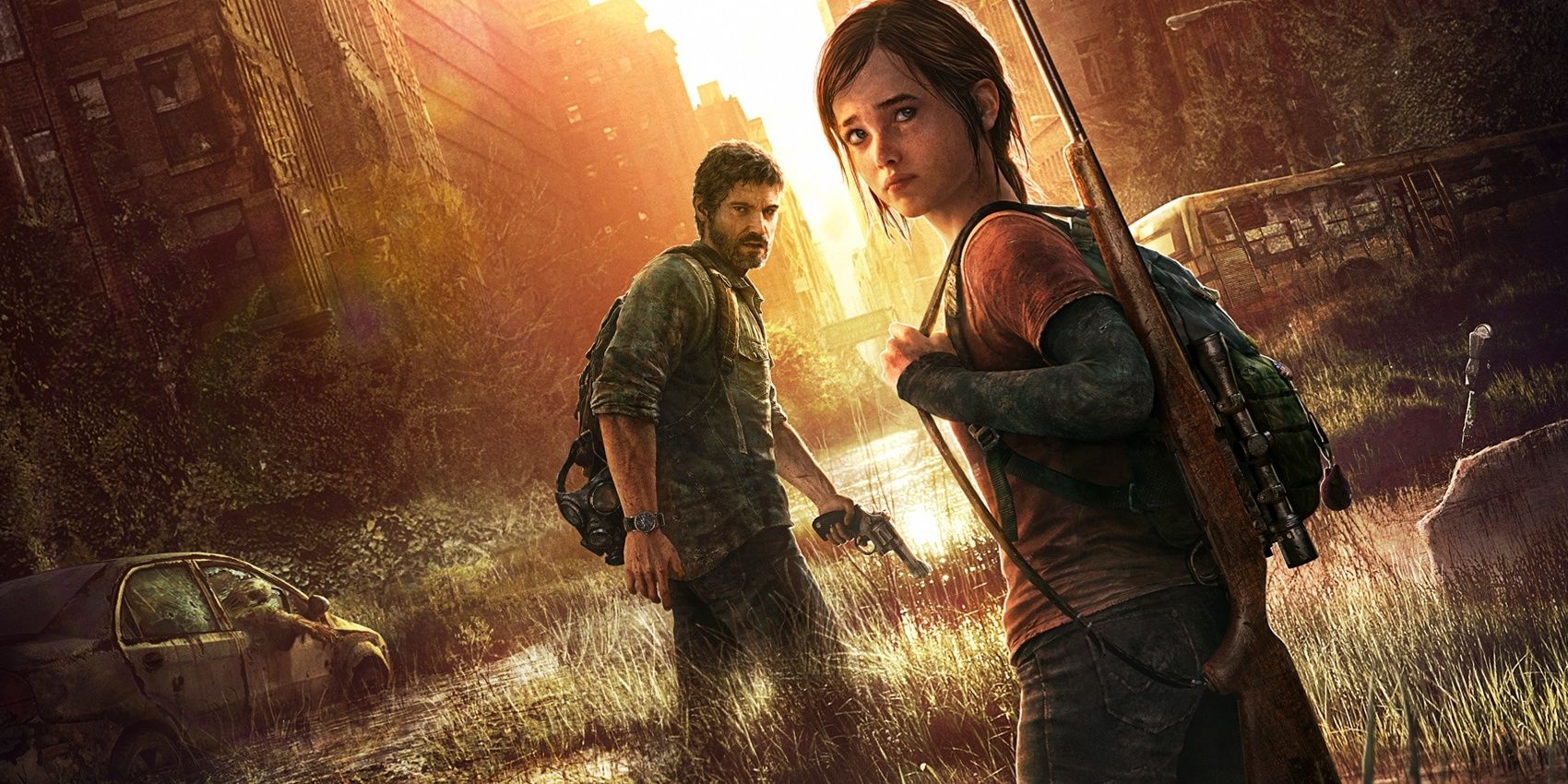 The Last of Us poster featuring Ellie and Joel walking through a ruined city street.