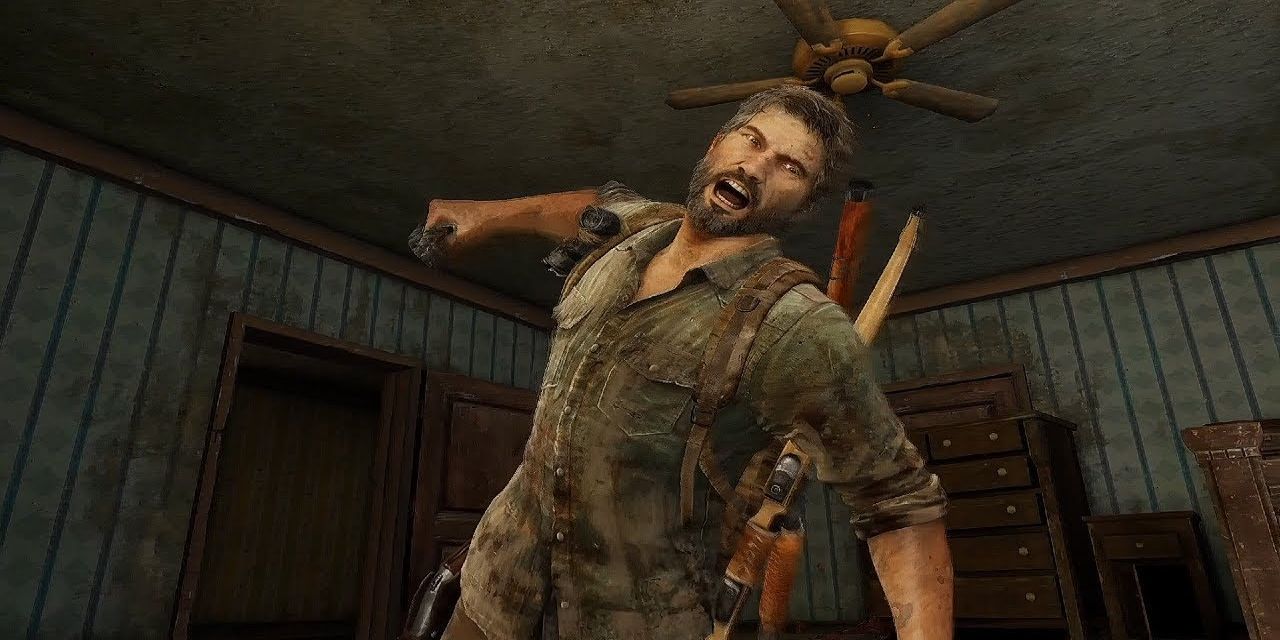 Joel attacking someone in the video game The Last of Us.