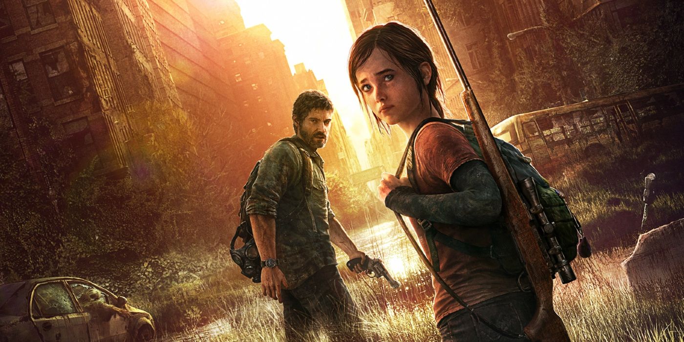 Ellie and Joel look back as they walk through a dilapidated urban setting in The Last of Us.