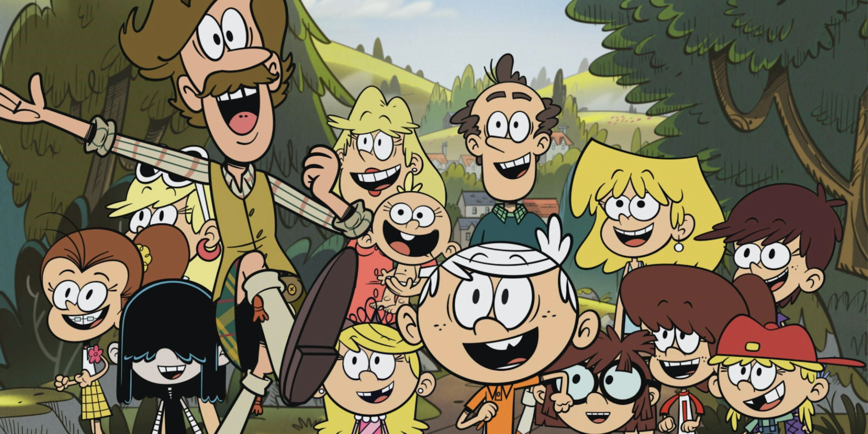 The Loud House family and Angus pose together in front of the Scottish highlands.