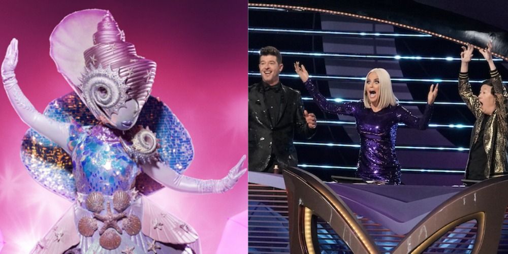 From the Masked Singer, a contestant dressed as a seashell, and three of the judges: Robin Thicke, Jenny McCarthy, Ken Jeong
