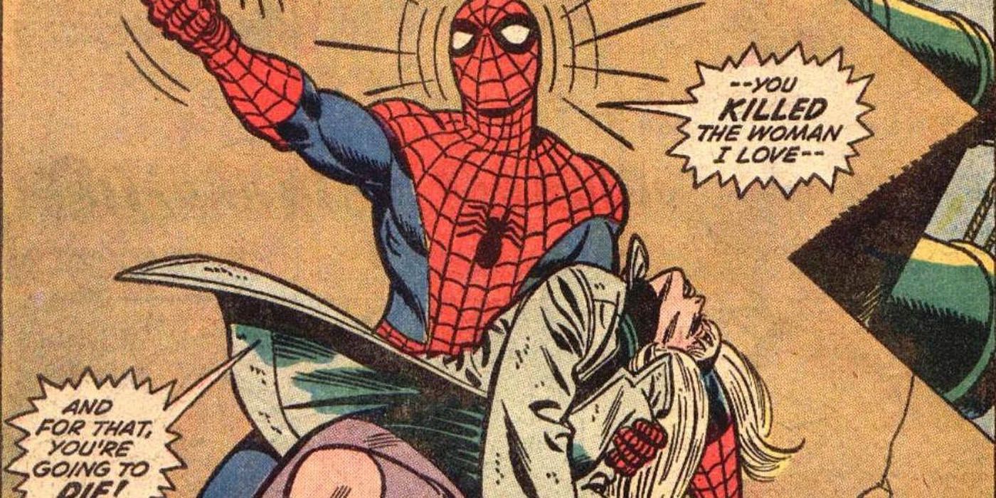 Spider-Man holding a dead Gwen Stacy.