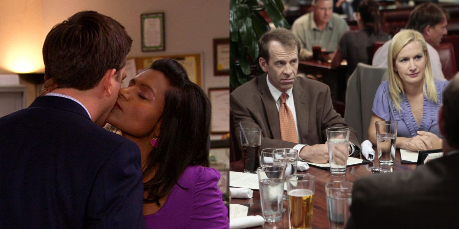An image of Kelly kissing Andy on the cheek, and Toby and Angela sitting together in The Office