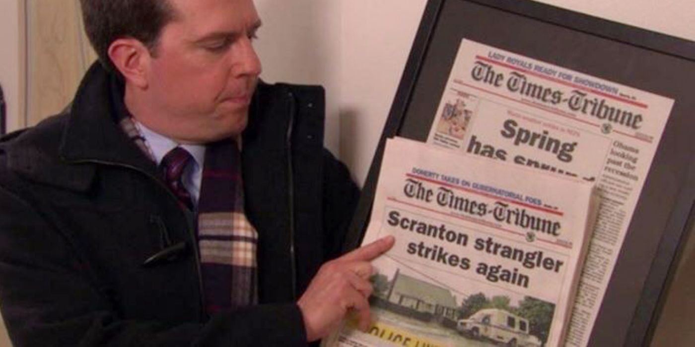Andy holds up a newspaper with the headline, "Scranton Strangler Strikes Again"